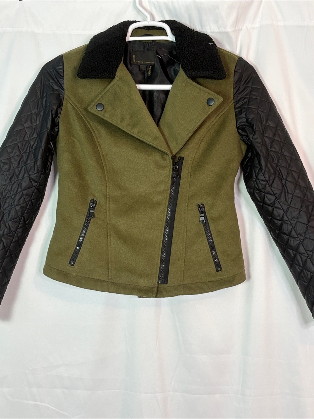 I Jeans By Buffalo Olive Green Moto Jacket with Quilted Black Sleeves Size M